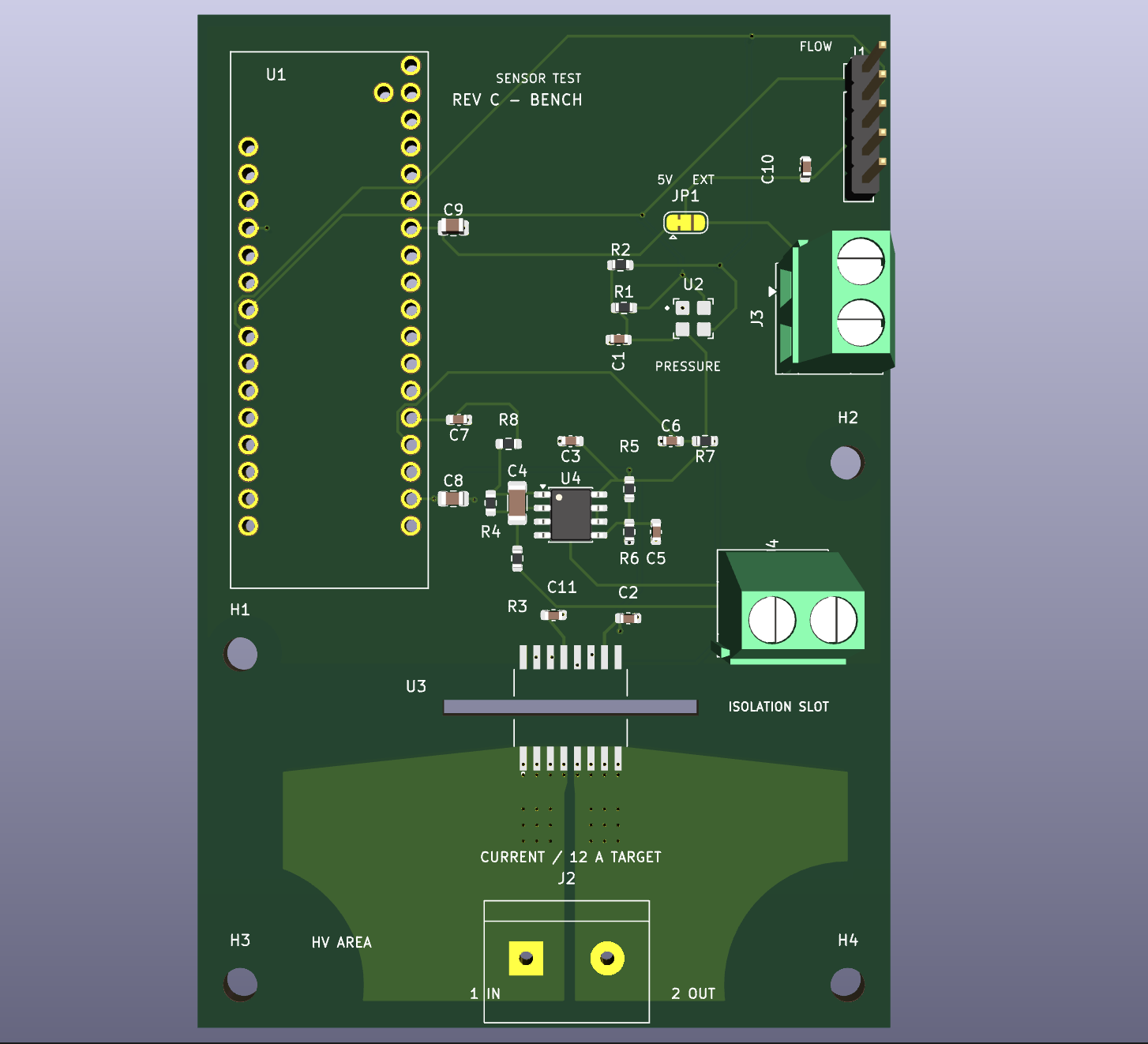 PCB layout with separate sensor and primary-current sections.